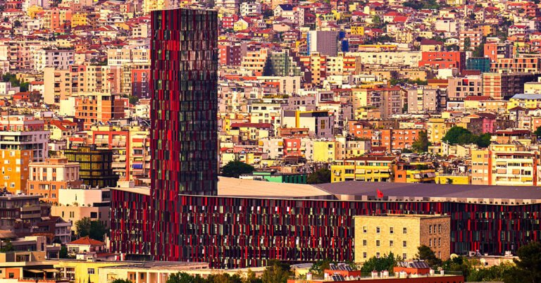 A close-up of the city of Tirana, Albania, showing its modern skyline.
