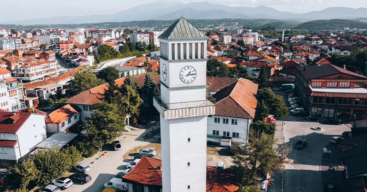 The clock tower in Gjakova, Kosovo.