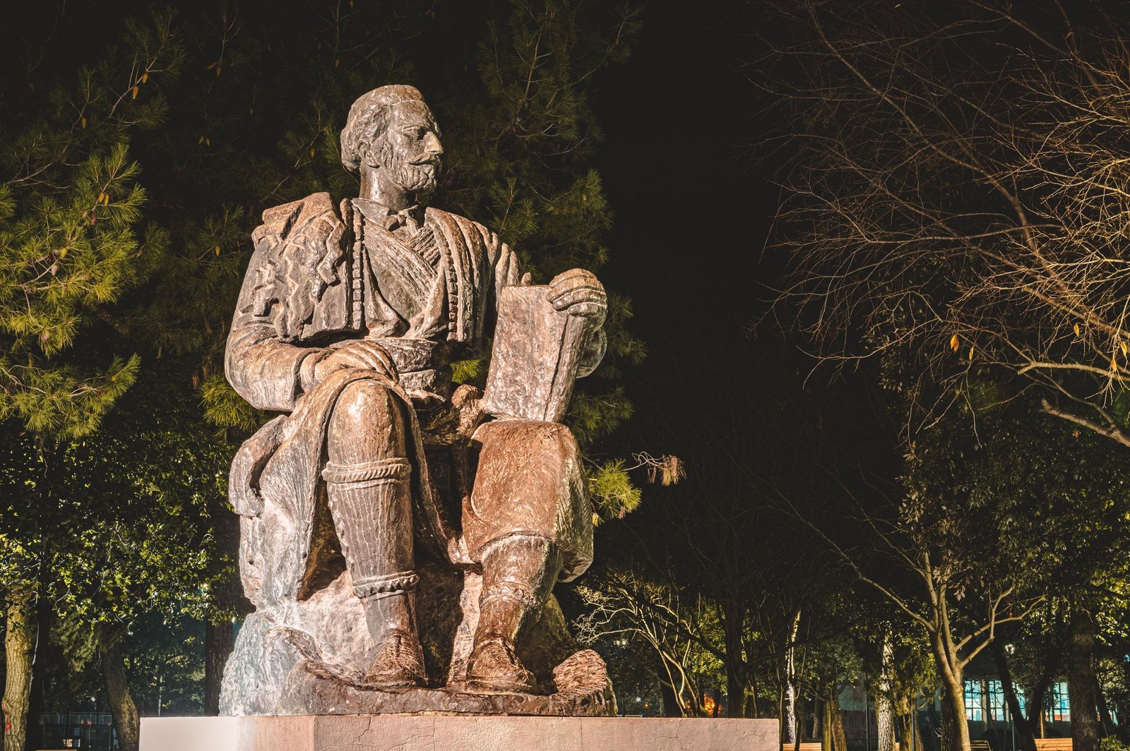 A striking statue in a Podgorica park illuminated against a night sky, surrounded by trees.