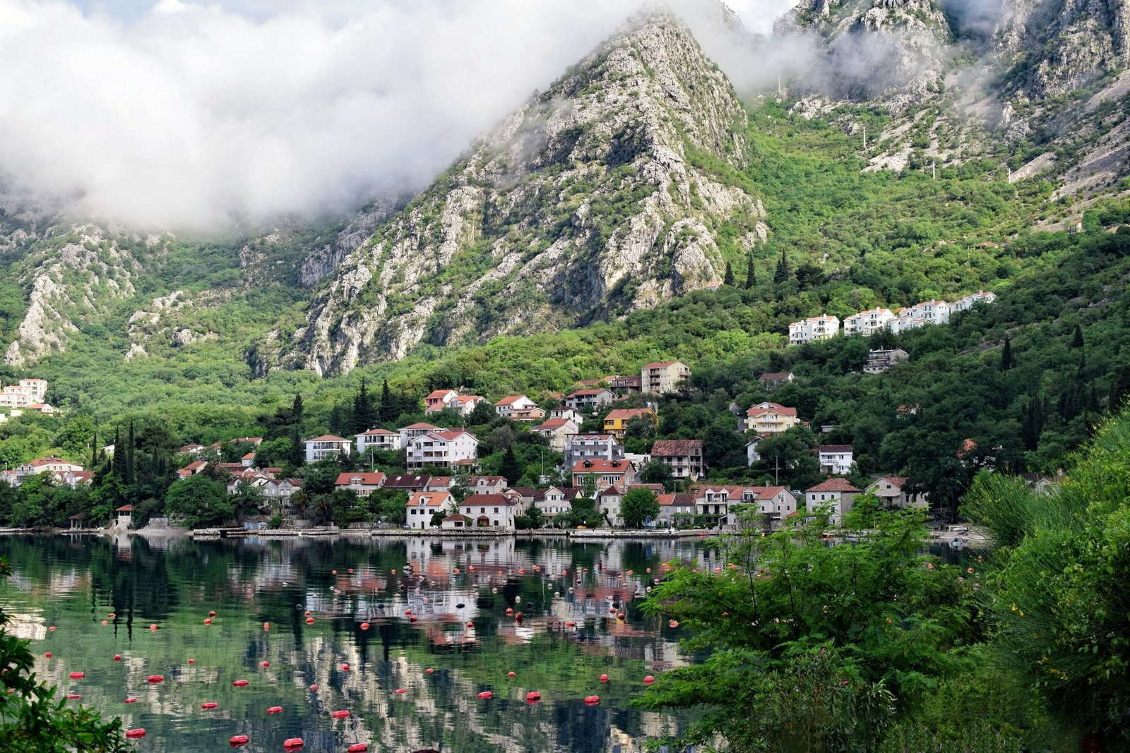 Beautiful landscape of Kotor Bay village nestled between mountains and reflecting waters.