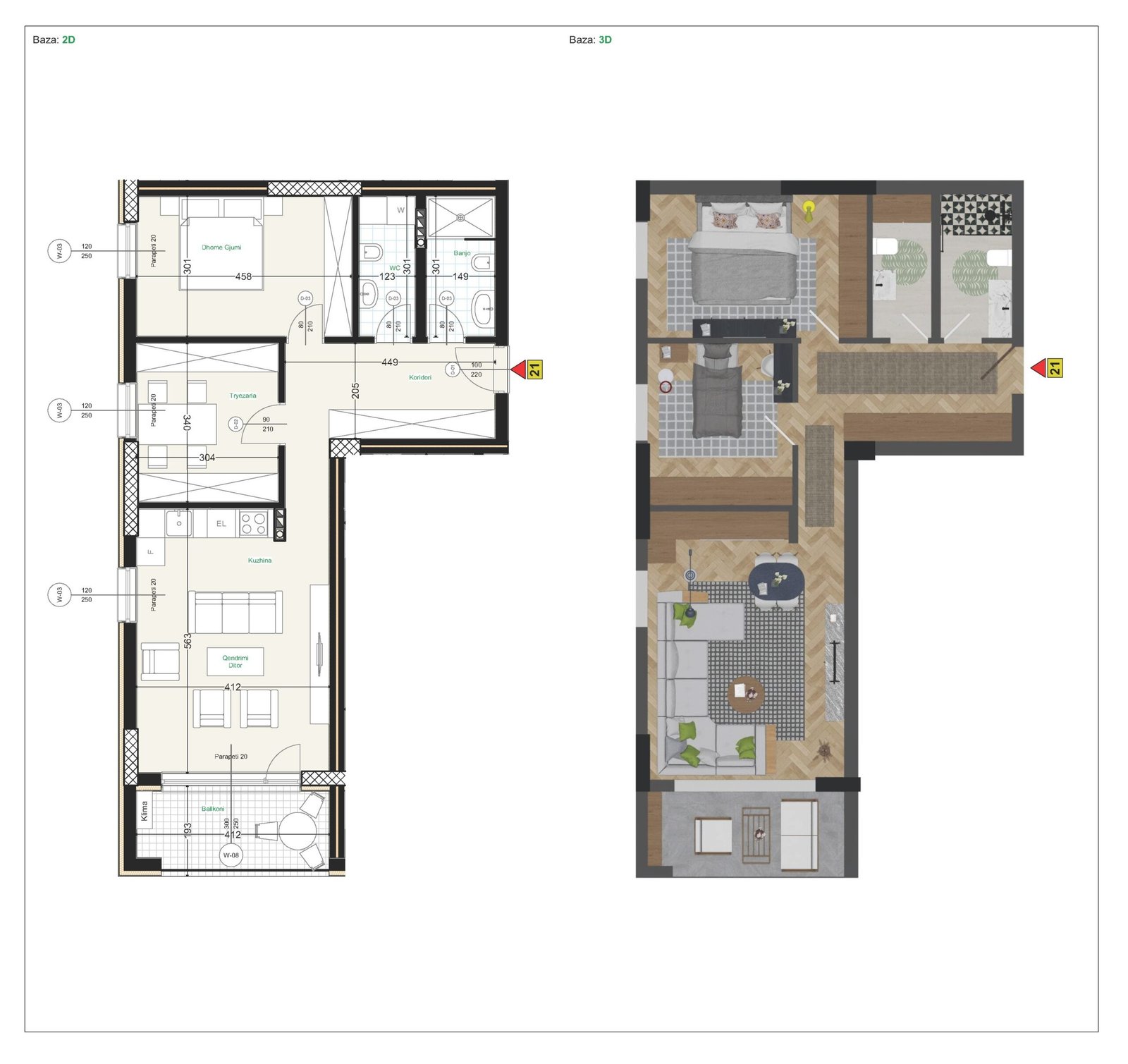 Apartment floor plan showing the interior space arrangement in Prishtina