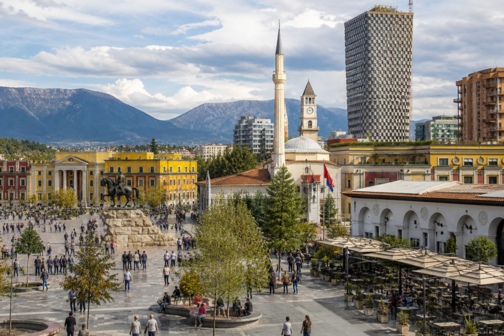 People exploring Skanderbeg Square in Tirana, Albania, surrounded by colourful buildings and cafés.