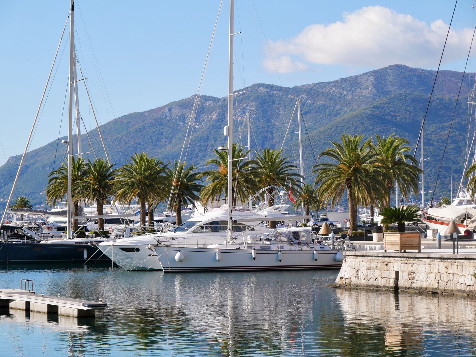 Yachts docked at a scenic marina in Tivat, Montenegro, with mountain backdrop.